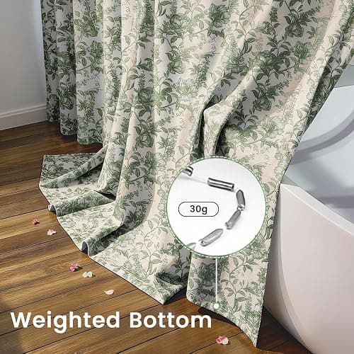 Farmhouse Sage Green Floral Shower Curtain with 12 Clear Rings 72"W x 72"L | Boho Fabric Faux Linen Shower Curtain Set, Vintage Cottagecore Shower Curtain for Bathroom thumbnail 4
