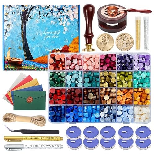 Comealltime Wax Seal Kit with Gift Box, 624 Pcs 24 Colors Sealing Beads, 2 Pcs Stamps, Sealing Wax Warmer, Metallic Pen, Envelope, Candles for Wedding Birthday Gift and DIY Craft, Sellado de Cera - Image 1