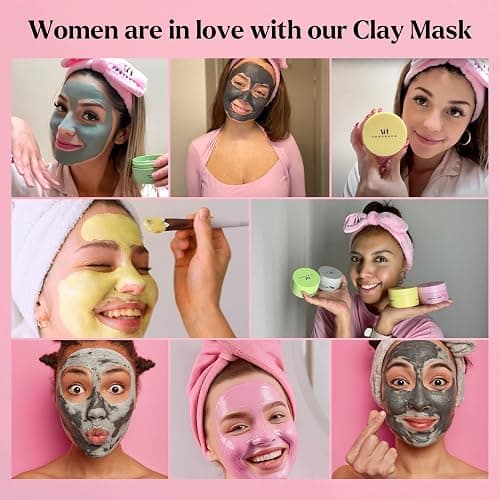 VogueNow Clay Mask Gift Pack of 4 Jars (400g) With Cute Headband & Brush | Premium Clay Face Mask | Turmeric Vitamin C, Green Tea, Rose, Dead Sea Mud | Clay Mask For Face | Spa Gift set for Women thumbnail 6