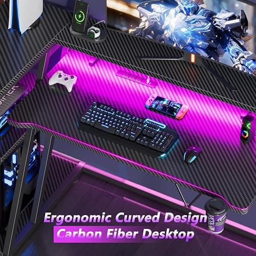 Korfile 40 Inch Gaming Desk with Power Outlet & LED Lights, L Shaped Computer Gaming Table with 3 Tiers Storage Shelves, Corner Gamer Desk with Monitor Stand for Small Space, Carbon Fiber Black thumbnail 8