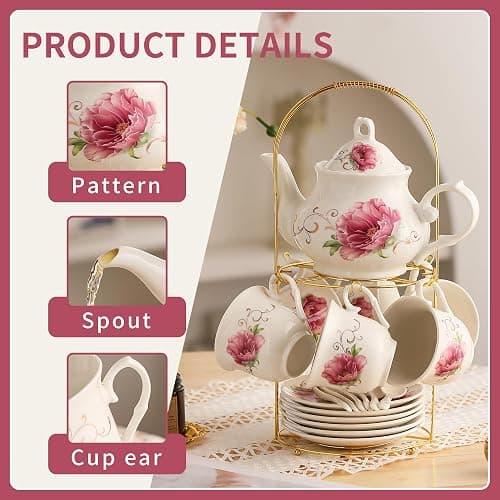 20-Pieces Tea Set For Adult with Golden Metal Rack,Porcelain Tea Sets For Women,Tea Gift Sets for Home&Party(015) thumbnail 4