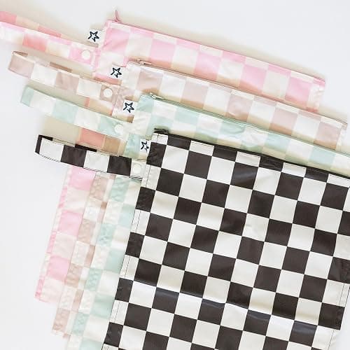 Tiny Twinkle Mess-proof Wet Bags 2 Pack Waterproof and Washable Bag for Travel storage, Stroller, Daycare, Baby Diapers, Yoga, Beach, Pool, Wet Toddler Swimsuits (Pink, Brown Checkers) - Pink, Brown Checkers thumbnail 5