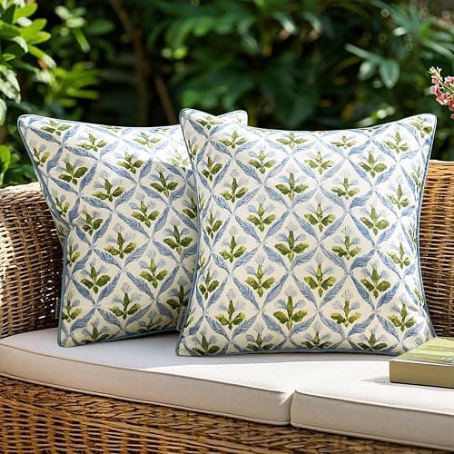 MIULEE Floral Decorative Pillow Covers Set of 2,Block Print Throw Pillow Covers Outdoor Boho Farmhouse Vintage Coastal Summer Accent Cushion Covers for Couch paito Garden Sofa 18x18 Inch, Blue-Green - Image 1