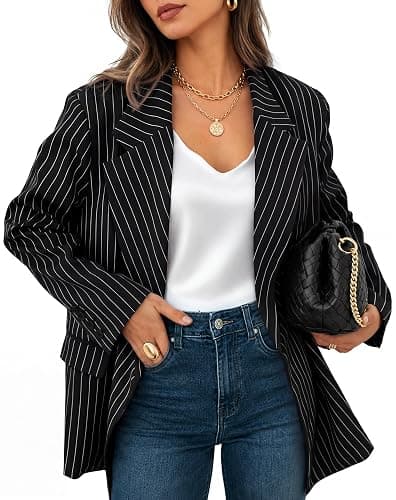 ZESICA Women's 2026 Fall Fashion Business Casual Striped Blazers | Long Sleeve, Lapel Collar, Oversized Fit Trendy, Open Front Button Down, Work Office Outfits, Going Out Coats, with Pockets - Image 1