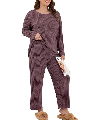 ZHUHOUSE Womens Plus Size Lounge Pajamas 2 Piece Pj Sets Soft Long Sleeve Ribbed Tops Wide Leg Pants with Pockets - Image 1