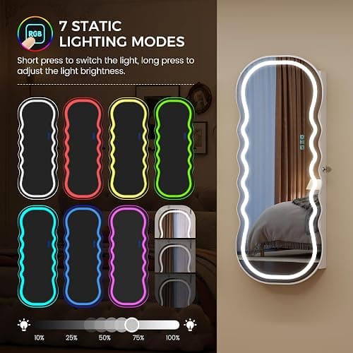 Lvifur RGB Lighted Mirror Jewelry Cabinet,LED Wavy Wide Mirror with Storage, Wall or Door Mounted Jewelry Organizer with Interior Mirror,Lockable Jewelry armoire,Gift Ideal thumbnail 9