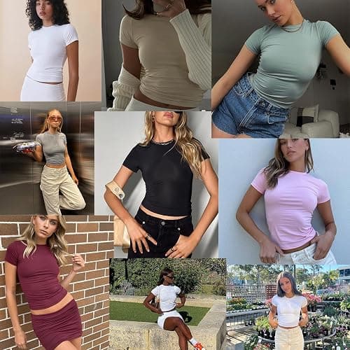 Abardsion Women's Casual Basic Going Out Crop Tops Slim Fit Short Sleeve Crew Neck Tight T Shirts 2026 thumbnail 6