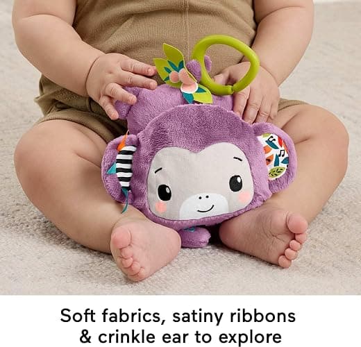 Fisher-Price Baby Stroller Toy Sing & Go Purple Monkey Musical Sensory Plush with Crinkle & Clackers for Newborns from Birth+ thumbnail 5
