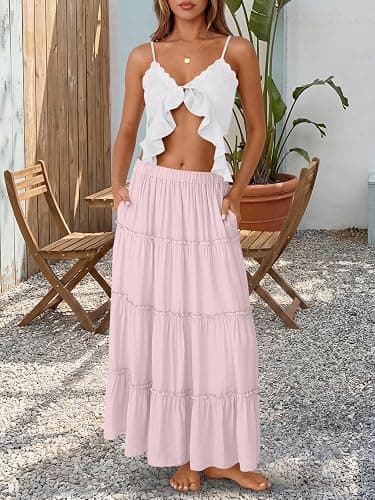 Trendy Queen Vacation Outfits Long Skirts for Women Boho Maxi Skirt Elastic High Waist Dress with Pockets Fashion thumbnail 4