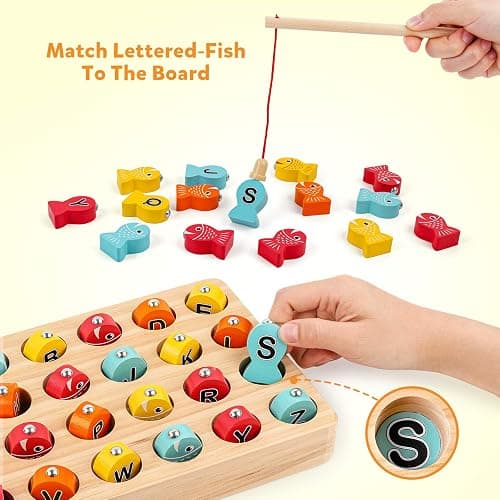 Coogam Wooden Magnetic Fishing Game, Fine Motor Skill Toy ABC Alphabet Color Sorting Puzzle, Montessori Letters Cognition Preschool Gift for Years Old Kid Early Learning with 2 Pole thumbnail 4