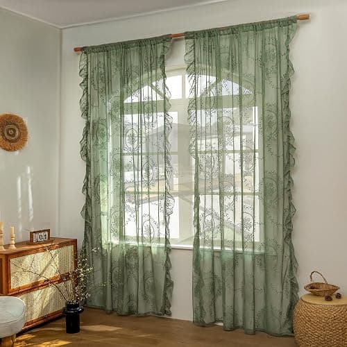 LOHUT Sage Green Lace Curtains Set of 2, Sheer Floral Panels 63 Inch Length, Vintage Boho Window Treatment with Ruffled Edge for Bedroom Living Room, Rod Pocket, W52 x L63 - Image 1