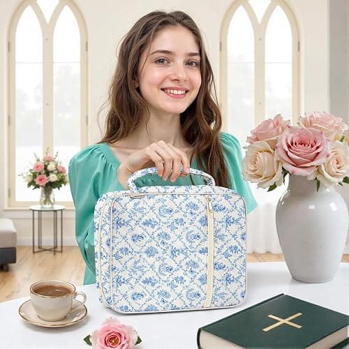 WOBAGMEN Bible Cover Case for Women,Large Bible Tote Bags Organizer Quilted Carrying Case for Girls,Bible Study Supplies Accessories Christian Gifts for Women (Vintage Blue, M) thumbnail 5