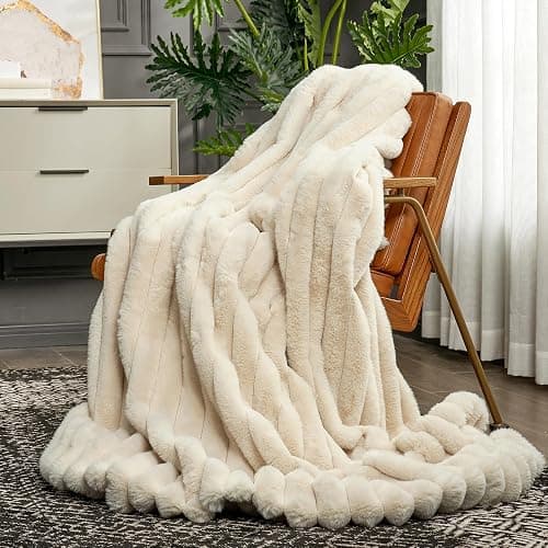 Cozy Bliss Faux Fur Throw Blanket for Couch, Cozy Warm Plush Striped Blanket for Sofa Bedroom Living Room,50 * 60 Inches Beige - Beige - Throw(50" x 60") thumbnail 5