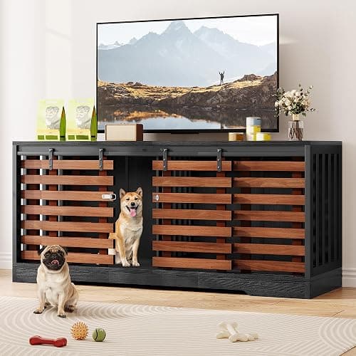 YITAHOME 71 Inch Dog Crate TV Stand for 2 Dogs w Sliding Door, Heavy Duty Chew-Resistant Cage Furniture for Medium Large Dogs, Wooden Indoor Double Dog Kennel Decorative for Living Room, Black Walnut thumbnail 9