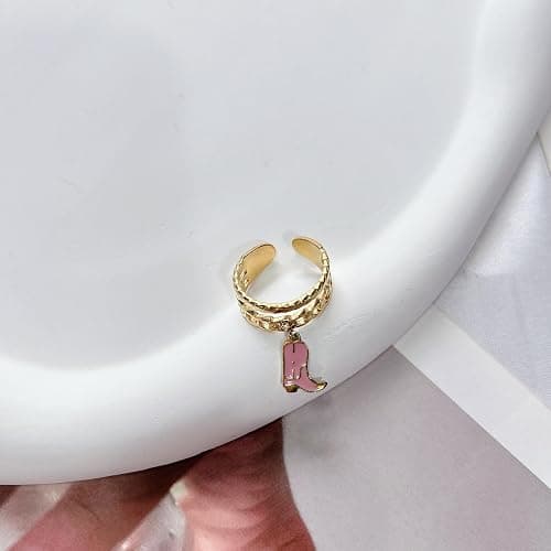 Layered Pink Western Cowgirl Boot Charm Statement Band Ring Goldtone Adjustable Stacking Cute Fashion Stainless Steel Cowboy Knuckle Finger Open Rings Country Rodeo Jewelry Gift for Women Her Daughter thumbnail 3