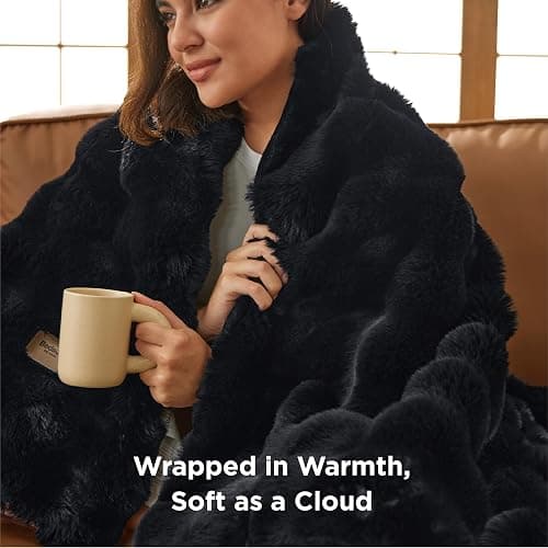Bedsure GentleSoft Fluffy Faux Fur Throw Blanket for Couch, Soft Fuzzy Bubble Blanket Home Decor Gifts for Bedroom Living Room, Thick Warm Furry Cozy Gifts for Women, Black, 50x60 Inch thumbnail 3