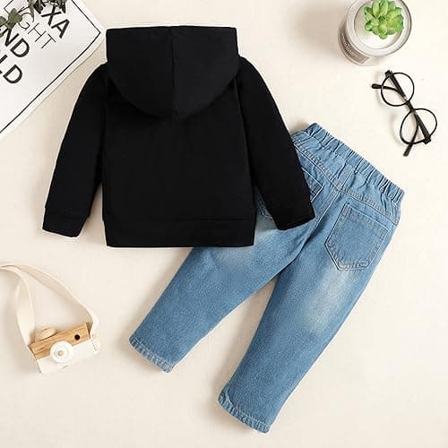 YALLET Toddler Baby Boy Clothes, Long Sleeve Letter Hoodies Top+Ripped Denim Pants 2pcs Fall Winter Outfit Sets - Glasses - 2-3T thumbnail 8
