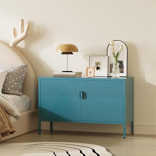 XIUSVON Metal Storage Cabinet,2 Door TV Stand, Metal Mesh Accent Cabinet,Magnetic Door Closure,Low Storage Cabinets with Doors and Shelves thumbnail 6