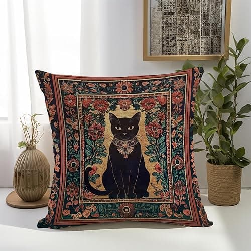 YOU FOUND ME William Morris Abstract Vintage Black Cat Design Throw Pillow Cover Home Decor, Art Decor Pillowcase Cushion Cover for Bed Sofa Living Room, Indoor and Outdoor 18x18inch (Black Cat5) thumbnail 5