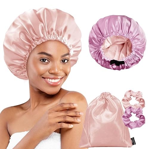 BONNET QUEEN Silk Bonnet for Sleeping Satin Bonnet Double Layer Hair Bonnet Reversible Adjustable Bonnet Sleep Cap for Women Curly Hair(4 Items Gift Pack, Jade + Rose Gold) - Image 1