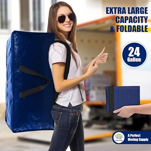 Cosy Family 4 Pack Heavy Duty Extra Large Moving Bags with Backpack Straps - Strong Handles & Zippers, Storage Totes For Space Saving, Fold Flat, Alternative to Moving Box (X-Large-Set of 4, Blue) thumbnail 7