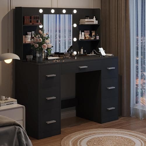 YESHOMY Vanity Desk with Mirror, Power Outlet and 10 Lights, Makeup Table with 7 Drawers, 3 Color Modes Available for Bedroom, Pure Black thumbnail 3