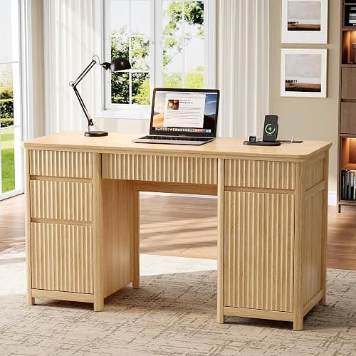 OneBlis 55" Fluted Executive Desk with Drawers & Charging Station, Large Wood Computer Desk with File Drawer and Storage Cabinet, Modern Home Office Desk with Power Outlets, Oak Wood - Image 1