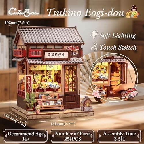 CUTEBEE Book Nook Kit - DIY Miniature House Japanese Fan Shop Dollhouse Kit for Adults and Teens, Booknook Tiny House Bookshelf Decor 3D Wooden Puzzle, Gifts for Family, Friends (Tsukino Eogi-dou) thumbnail 3