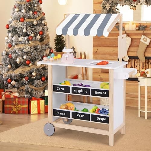 HONEY JOY Kids Ice Cream Cart, Wooden Grocery Store Playset w/6 Pieces Play Food, Realistic Bell & Food Scale, Chalkboard, Pretend Play Dessert Shop Counter Stand Truck, Gift for Boys Girls thumbnail 2