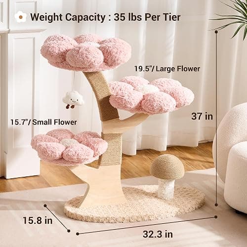 Kicari Aesthetic Flower Cat Tree Tower with Scratching Post for Indoor Cats, 37" H Modern Cat Tree with Wood Sculpted Branch, Flower Cat Beds, Mushroom Scratcher & Interactive Squeaky Toy, Pink thumbnail 6
