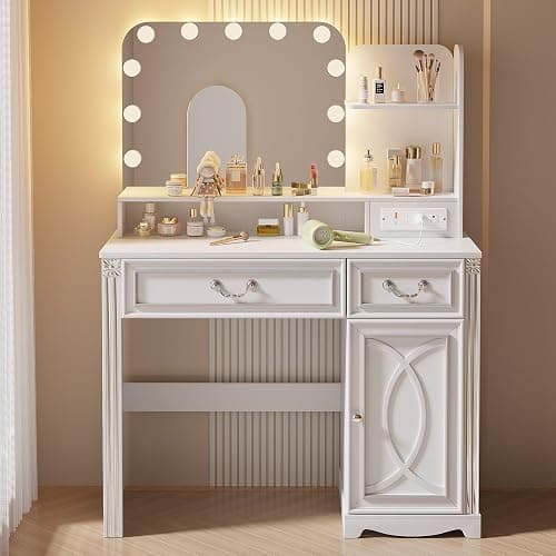 ⭐️Ylued Vanity Desk with Mirror and Lights Power Outlet, 39 inch Makeup Vanity with Charging Station, Mid-Century Modern Dressing Table with 2 Drawers for Bedroom, White thumbnail 9