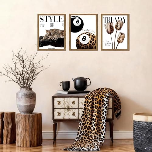 Trendy Leopard Canvas Wall Art Set of 3, Funky Cheetah Lucky 8 Ball Pictures Wall Decor Prints, Preppy Aesthetic Paintings, Girly Aesthetic Home Decor for Living Room Bedroom Dorm 12x16in Wood Framed thumbnail 6