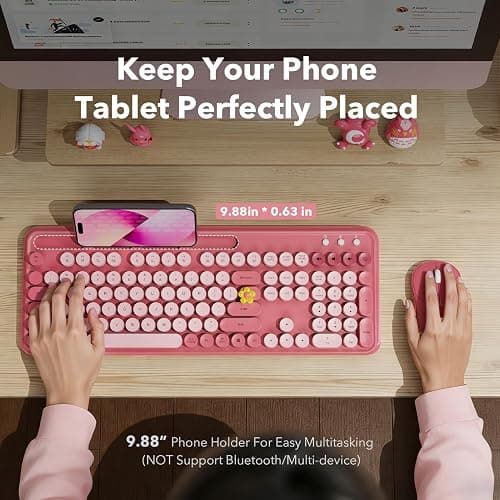 Wireless Keyboard and Mouse Combo with Phone/Tablet Holder, Cute Full-Size Typewriter-Style Keyboard, Retro Round Keycaps, 3-Level DPI Mouse, 2.4GHz Cordless Connection for Windows/PC/Laptop (Pink) thumbnail 2