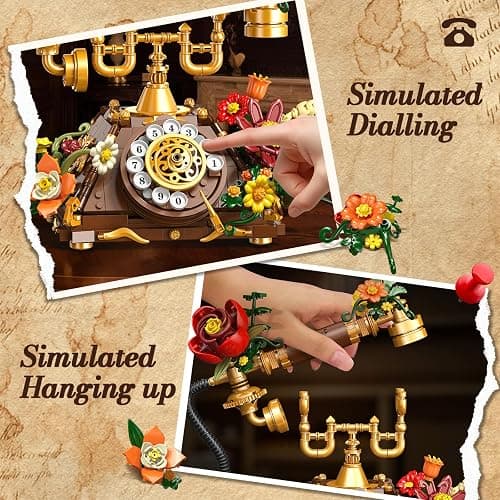 PLAXSOON Flowers Retro Telephone Clock Building Set, 2 in 1 Collectible Vintage Phone Model Building Block Kit with Realistic Design, 882 PCS Home Office Decor, Gift for Adults Teens Girls Boys 12+ thumbnail 7