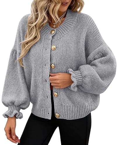 PRETTYGARDEN Womens Cropped Cardigans Trendy 2025 Ruffle Open Front Chunky Knit Sweater Oversized Button Down Fall Clothes - Image 1