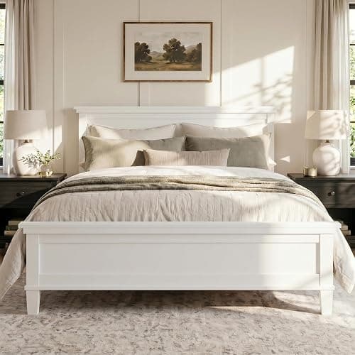 Merax Mid Century Queen Bed Frame with Headboard and Tapered Legs, Wood Platform Bed Frame Queen Size with Wood Slat Support, Under Bed Storage, White thumbnail 5