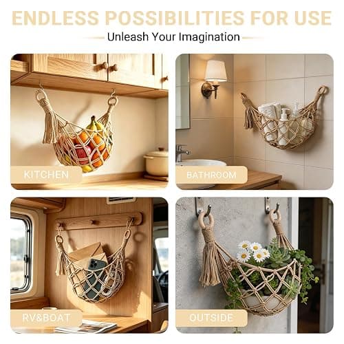 Halidali Hanging Fruit Hammock for Kitchen Under Cabinet, 2 Pack Basket Fruit Holder Net Boho Handwoven Vegetable Storage Organizing Saves Counter Space for Potato, Onion, Gifts (Linen) thumbnail 6