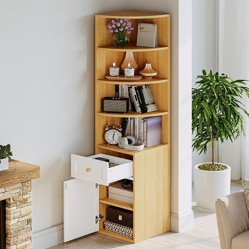 IRONCK Corner Bookshelf and Bookcase, 71" H Wooden Book Shelves 4 Tier with Drawers and Storage Cabinet for Living Room, Office, Bedroom, Oak and White - Image 1
