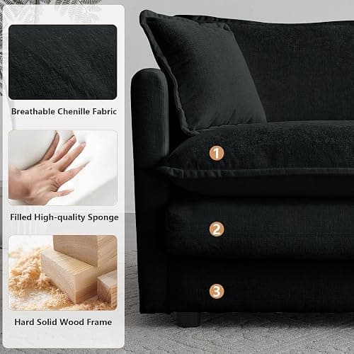mikibama Luxury Modular Sectional Sofa, 111.5" Modern Chenille Comfy Cloud Couches for Living Room Office, 3 Seater Deep Sofa with 2 Armrest Pillows and 3 Toss Pillows, Black thumbnail 5