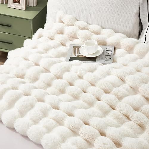 JONIYEAR Soft Fuzzy 900GSM Bubble Faux Rabbit Fur Throw Blanket 50" x 60", Double Sided Solid Thick Warm Fluffy Blanket for Winter, Luxury Cozy Puffy Shaggy Comfy Furry Blankets for Couch, Cream White - Cream White - 900gsm - Travel/Throw Size - 50" x 60" thumbnail 2