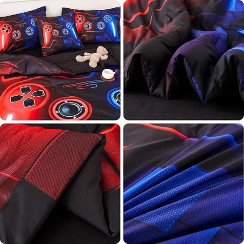 ASKOTU 6 Pcs Full Boys Bedding Set, Red Blue Gamer Comforter Set for Boys with Sheets, Microfiber Geometric Gamer Full Size Bedding Set for Boys - Red-blue - Full-6pcs thumbnail 6