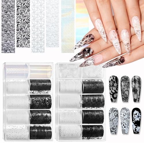 Modelones 20 Rolls Lace Nail Foil Transfer Aurora Flower Nail Art Stickers | White Black Lace Foils, Aurora Holographic Transfer Decals Nail Art Wraps Easy Use DIY Nail Stuff Nail Charms Decor 2 Boxes - Image 1