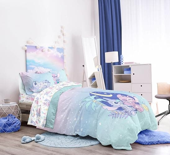 Jay Franco Disney Lilo and Stitch Twin Size Comforter Set - 5 Piece Floral Bedding Includes Sheet Set & Pillow Covers Features Angel - Super Soft Purple & Teal Stars Kids Bedding thumbnail 2