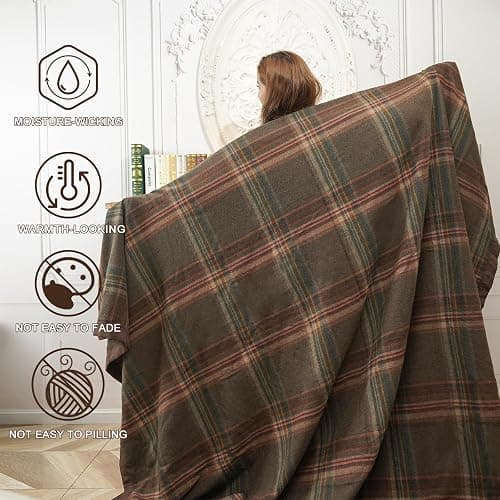 YOUR MOON 100% Pure Merino Wool Queen Size, Australian Organic Natural Wool Blanket, Hypoallergenic Wool Blanket for Bed, Medium Weight(Plaid Brown, 90 * 90) thumbnail 7
