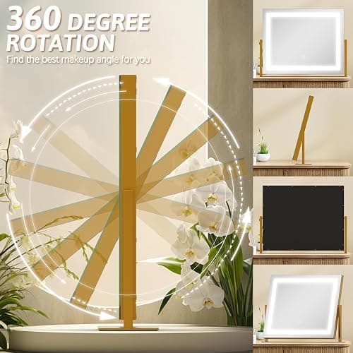 ROLOVE Vanity Mirror with Lights 22"x18", Lighted Makeup Mirror with 10X Magnification, Smart Touch 3 Colors Dimmable, 360° Rotation, Women Gift, Dresser Mount, Bathroom (Gold) thumbnail 7