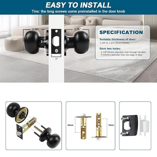 RAZCC Passage Door Knobs, 2 Pack Matte Black Door Knobs, for Hallway & Closet Non-Locking Interior Round Door Handles Keyless Reversible for Left Right Handed Doors thumbnail 4