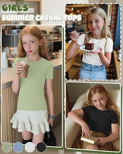Oakgarden 4 Pack Girls T Shirts 5-14 Years Short Sleeve Ribbed Tops Crew Neck Slim Fit Summer Casual Cute Basic Tees for Kids thumbnail 4