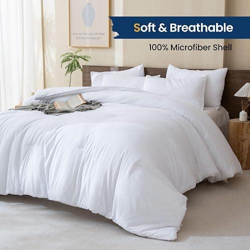 Paxrac Classic Pure White Comforter King Size, 3 Pieces Boho Comforter Set, Lightweight Solid Bedding Set, All Seasons Soft Breathable King Comforter Set (104x90In Comforter & 2 Pillowcases) - White - King (104''x90'') thumbnail 2