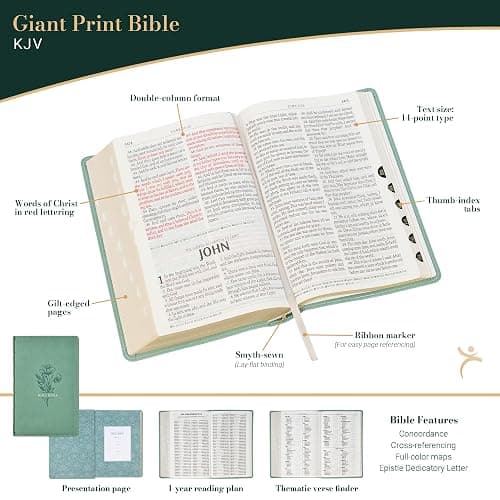 KJV Holy Bible, Giant Print Standard Size Red Letter Edition, Thumb Index Tabs & Ribbon Marker, King James Version, Vegan Leather, Teal, 14 pt. Type thumbnail 2