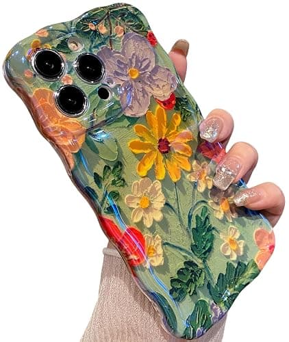 Amytor Case for iPhone 15 Pro Max, Colorful Retro Oil Painting Printed Flower Laser Glossy Pattern Cute Curly Wave Edge Exquisite Phone Cover Stylish Durable TPU Protective Case (Purple Yellow White) - Image 1